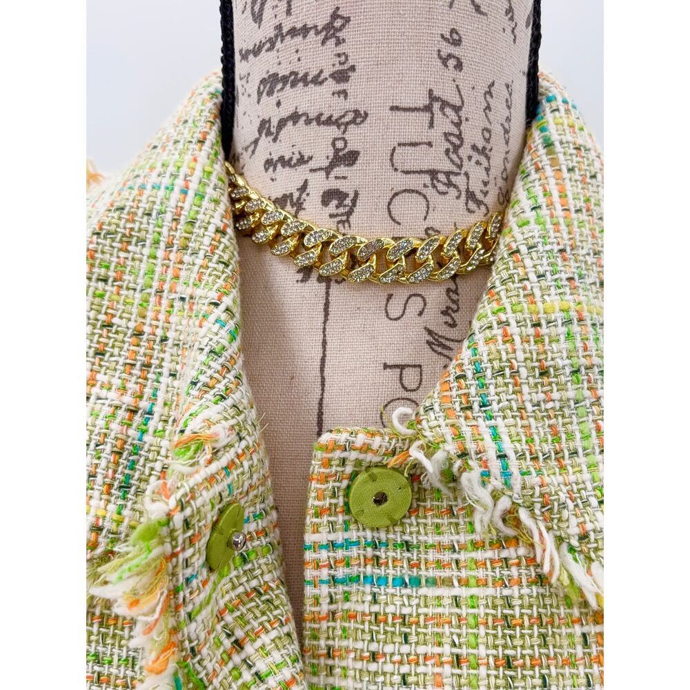 B1 Tweed Fringe Blazer Womens 10 Classiques Entier Green Yellow Parisian Preppy - Picture 5 of 7